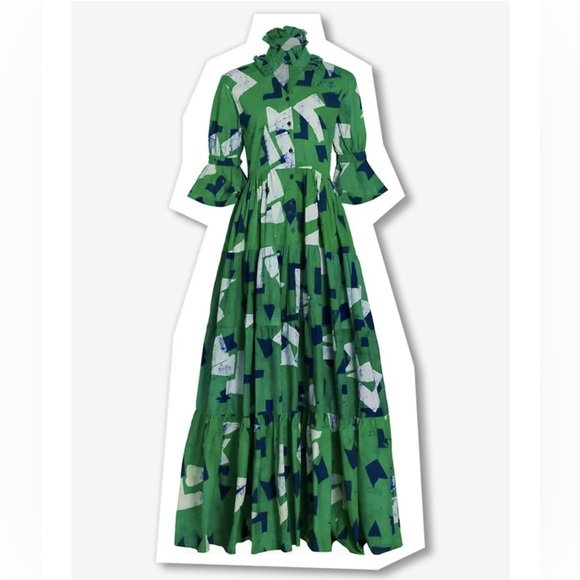 Studio 189 | Green Geo Cotton Ruffle Tiered Long Dress - Picture 11 of 11